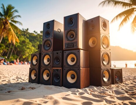 Stack of large speakers on a sandy beach at sunset