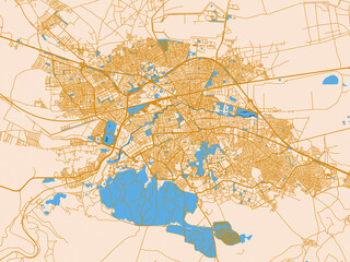 Fototapeta premium Urban map poster of Eskisehir, Türkiye with light cream city field with mustard-gold linework and vivid blue lakes, rivers and waterways