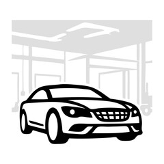 Logo concesionario de coches. Dibujo con líneas de la vista en perspectiva de un vehículo de lujo, con en interior de un edificio de fondo © teracreonte