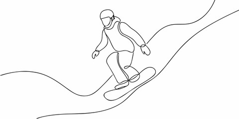 A continuous line drawing depicts a skier descending a snowy slope © Bijoy