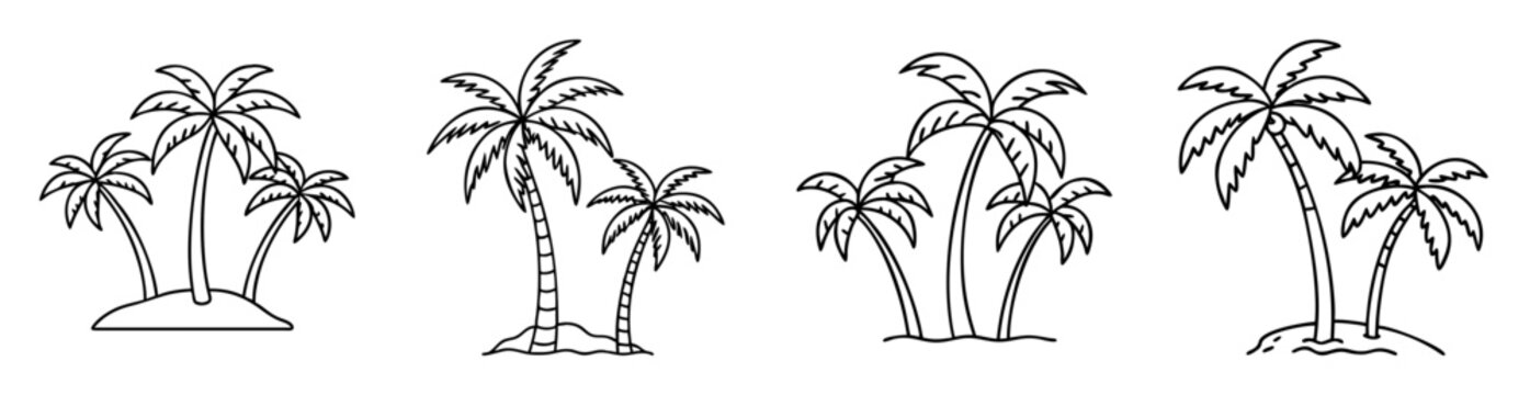 Black and white outline illustration of tropical palm trees on small island