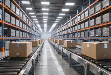 Obraz premium Automated warehouse with conveyor belts sorting. Tall shelves, polished floor reflecting cool white LED lights. Orange and blue accents. Wide-angle perspective, motion blur. 8K logistics background.