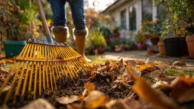 Person raking fallen leaves on a lawn during autumn. 