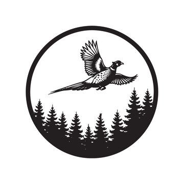 A minimalist black and white circular design featuring a pheasant flying over a pine tree forest