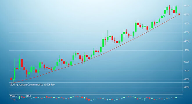 Stock market chart displaying price increases with trend line on transparent background