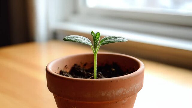 A small green seedling growing in a terracotta pot on a windowsill
