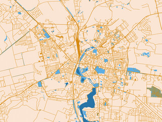 Naklejka premium Minimal city map of Rivne, Ukraine with gold and blue map palette