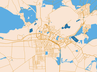 Naklejka premium Urban map poster of Shostka, Ukraine with warm cream background with golden road lines and bright blue water in a clean flat cartographic style