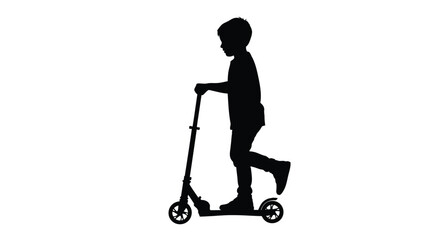 A young boy rides a scooter against a white background silhouette © Santa