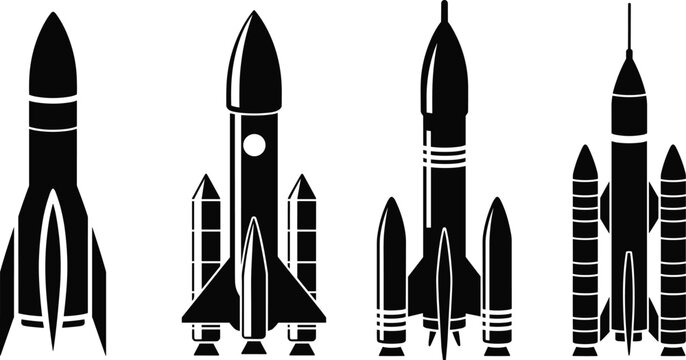 Rocket silhouette icons, space shuttle designs, boosters and fins, spacecraft illustration, aerospace engineering artwork, black and white, flat vector illustration