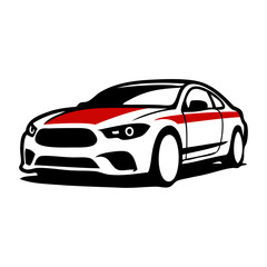 Logo concesionario de coches. Dibujo con líneas de la vista en perspectiva de un vehículo de lujo con adornos de color rojo  © teracreonte