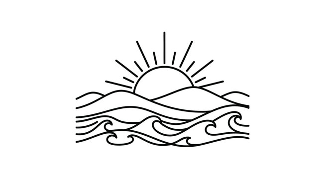 Minimalist sun rising over ocean waves a stark black silhouette