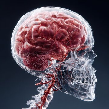 Human skull displaying transparent brain structure and visible blood vessels in profile view for educational purposes about anatomy