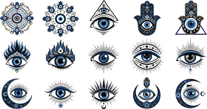 Evil eye symbols collection with mystical protection icons, hamsa hand, all seeing eye and sacred geometry vector set
