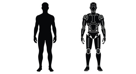 Human and robotic figures stand side by side in stark contrast silhouette © Santa