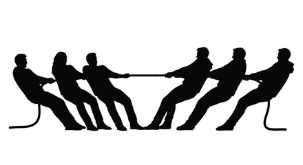 Teamwork in action a group pulling on a rope black silhouette © Santa