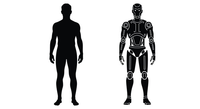 Human and robotic figures stand side by side in stark contrast silhouette