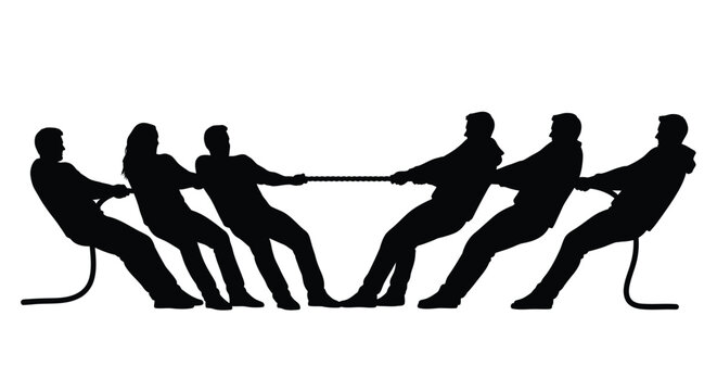 Teamwork in action a group pulling on a rope black silhouette