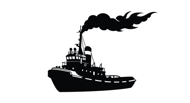 Black silhouette of a tugboat emitting smoke from its chimney silhouette