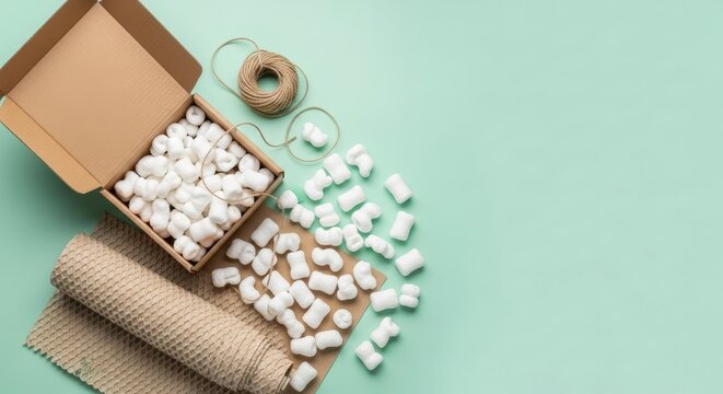 Packaging materials on green background.
