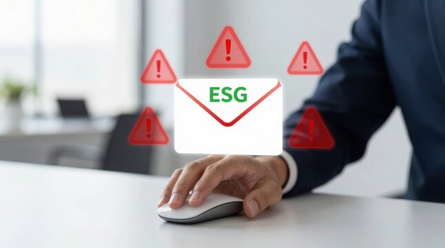 User interacts with computer mouse while focusing on ESG alerts in an office setting