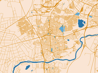 Fototapeta premium Urban map poster of Vanderbijlpark, South Africa with warm cream background with golden road lines and bright blue water in a clean flat cartographic style