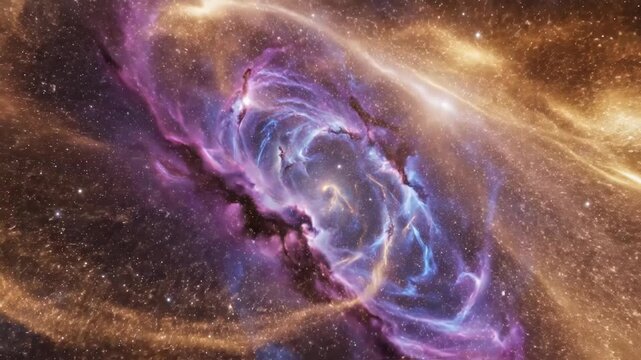 Abstract cosmic nebula featuring swirling patterns of purple blue and gold gas filaments flowing through deep space against a background of dense star fields and celestial light.