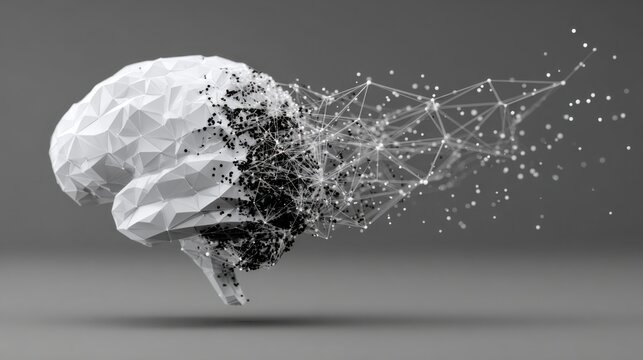 Creative representation of a brain with fragmented elements showing data and technology interaction in a digital style