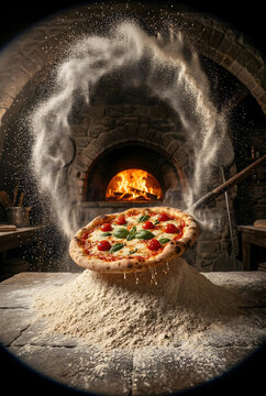 Pizza artesanal napolitana, na pizzaria rustica, com forno ao fundo