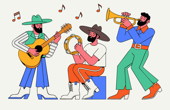 Colorful flat vector illustration of a music band playing guitar, tambourine and trumpet. Modern characters performing live music and creating festive atmosphere.