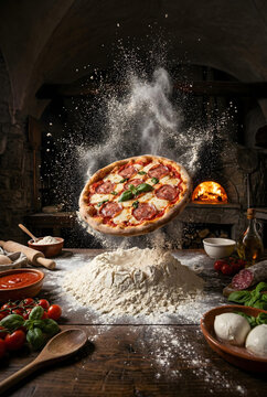 Pizza artesanal napolitana, na pizzaria rustica, com forno ao fundo