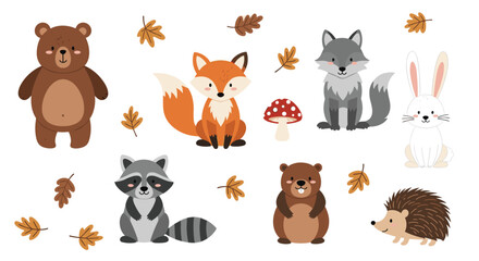 Fototapeta premium Cute playful woodland animal pals vector set with bear hugging raccoon and jumping rabbit on white background