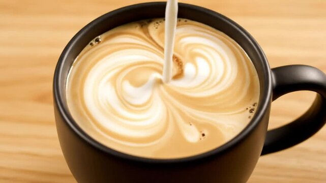 Creamy milk being poured into a black mug filled with dark coffee, creating a swirling latte art design.