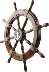 Obraz premium Vintage wooden ship steering wheel with anchor emblem isolated on transparent background