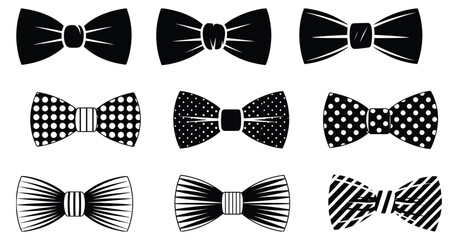 bowtie icon pack, formal menswear accessory silhouettes, black and white pattern designs, elegant fashion symbols, classic clothing elements, minimal modern vector collection isolated on white  © Gary K. Cleveland