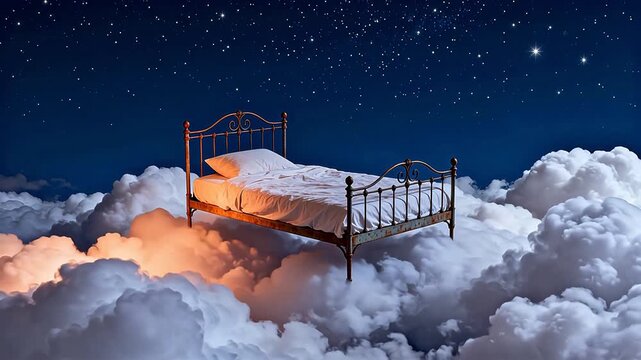 Bed floating in the clouds