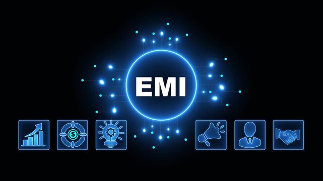 EMI Acronym on Central Circuit Board. Digital Data Neon Circuit Board Concept. Idea, Growth, Target, Marketing, Lock, and Person Icons. Digital Technology Blue Background. 4k Video