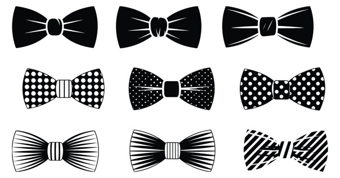 bowtie icon pack, formal menswear accessory silhouettes, black and white pattern designs, elegant fashion symbols, classic clothing elements, minimal modern vector collection isolated on white 