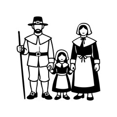 Logotipo con dibujo sencillo con líneas de una familia con una hija, con ropa de peregrino histórico, para el Día de Acción de Gracias © teracreonte