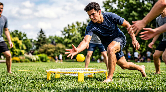 Vigorous young man strikes a bright yellow ball mid-air over a bouncy net during a spirited Spikeball match in a verdant park