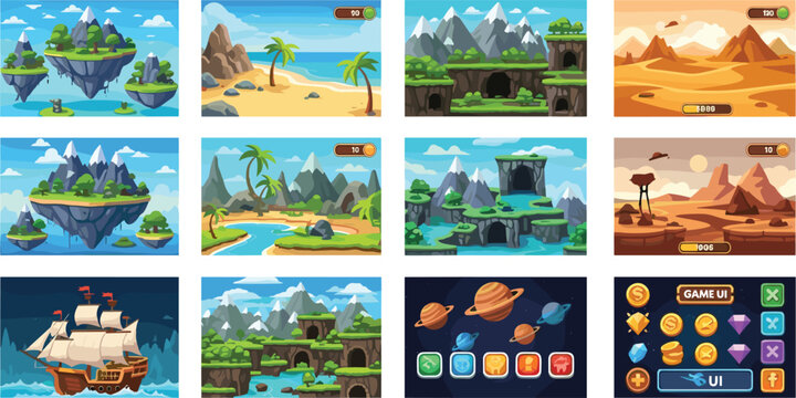 Game backgrounds and UI elements set with fantasy landscapes, desert, islands and interface icons, cartoon game assets collection for mobile design and vector illustration