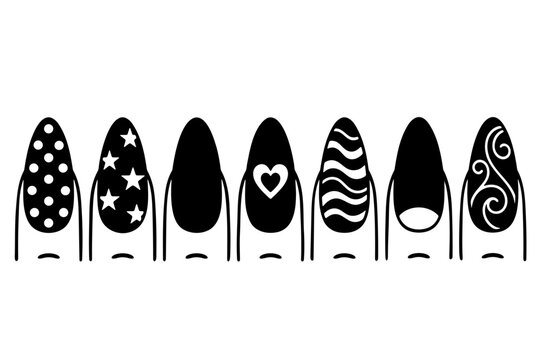 Set of fingernails with various black nail art designs