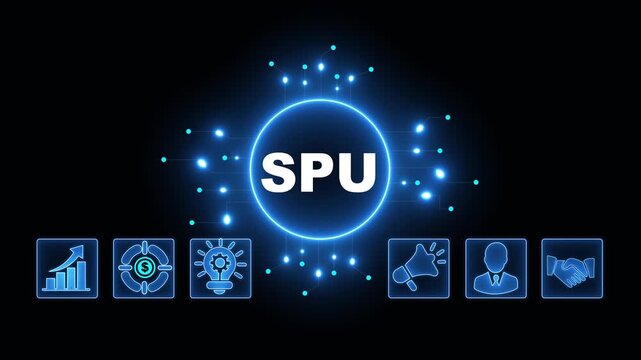 SPU Acronym on Central Circuit Board. Digital Data Neon Circuit Board Concept. Idea, Growth, Target, Marketing, Lock, and Person Icons. Digital Technology Blue Background. 4k Video