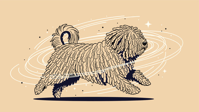 Unique puli or komondor dog with long corded hair running through the air with motion swirls and decorative stars on a warm background.