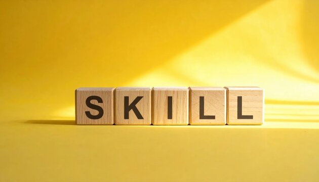 Wooden Blocks Spelling SKILL with Strong Sunlight and Shadows on Yellow Background Symbolizing Expertise and Talent Development