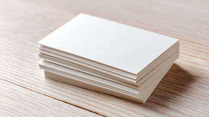 Fototapeta premium Blank white business cards stacked neatly on a light wooden desk, ready for professional branding and networking opportunities.
