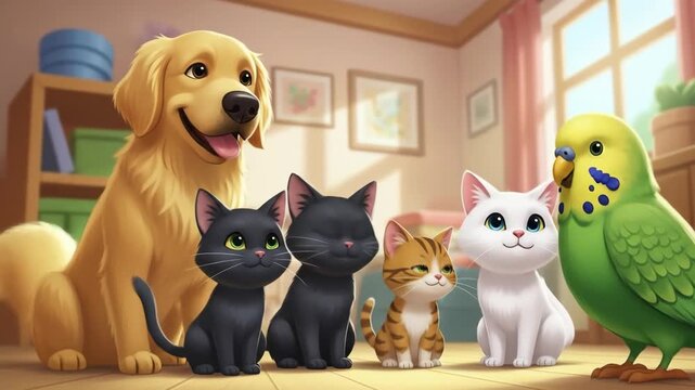 Adorable Pet Friends - A Heartwarming Gathering of Cats, Dog, and Bird.