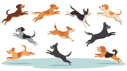 Fototapeta premium Collection of ten diverse dog breeds shown in dynamic running and leaping motions for pet related design themes.