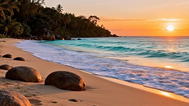 Beach at sunset with rocks and waves