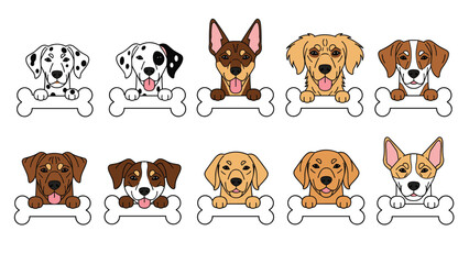 Obraz premium Collection of cute dog breed face illustrations with each puppy peeking over a white bone-shaped border on a white background.